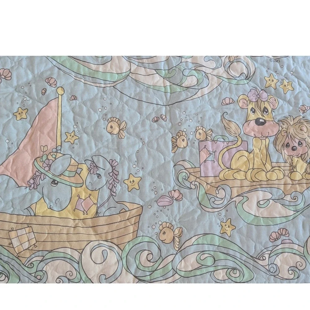 Vintage Precious Moments Noahs Ark Baby Quilt Pastel Blue Ruffled Blanket 46x35
